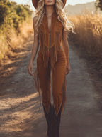 Western Fringed Brown Suede Vest Zip-Up Jumpsuit