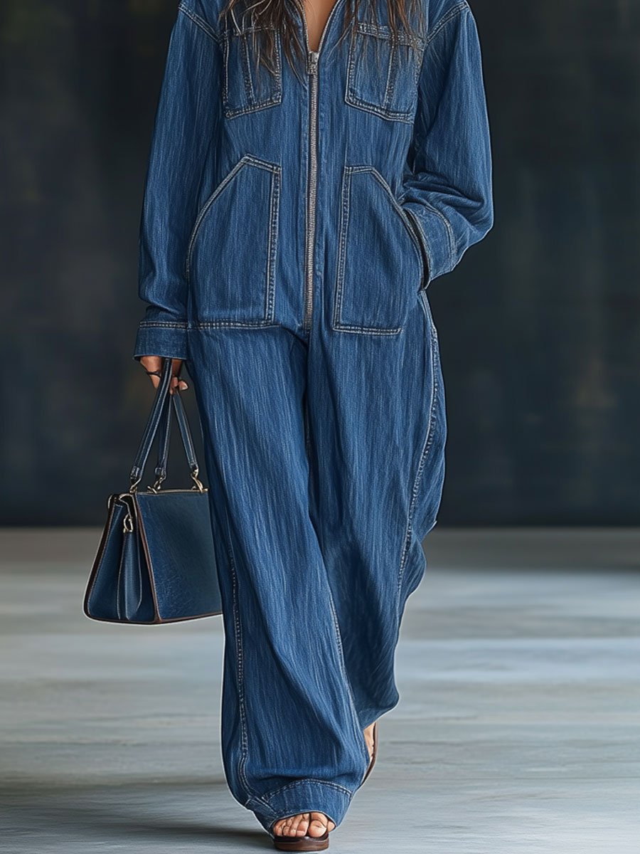 Casual Loose Retro Pocket Long Sleeve Hooded Zipper Denim Jumpsuit