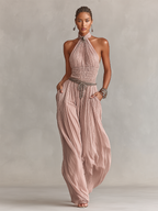 Halter Neck & Ruched Waist Pleated Jumpsuit