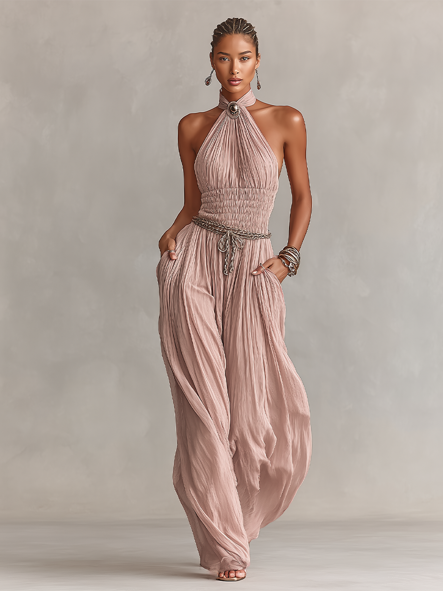 Halter Neck & Ruched Waist Pleated Jumpsuit