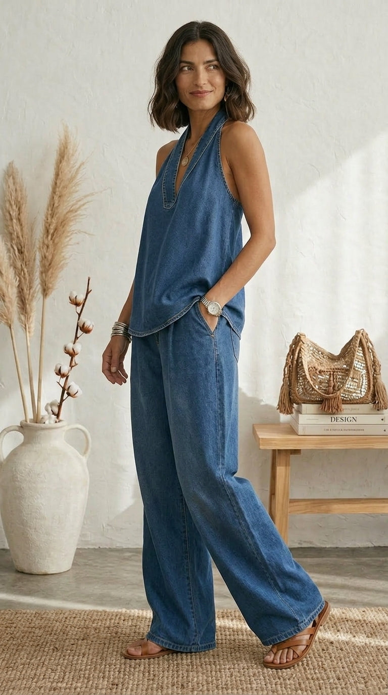Ariadna | Blue Summer Wide-Leg Trousers Set