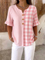 Casual Plaid And Stripe Patchwork Cotton-linen Shirt