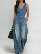 Women's V-neck Sleeveless Casual Loose Denim Wide-leg Jumpsuit