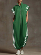 Women's Relaxed Stand-collar Short-sleeved Casual Loose Cotton Wide-leg Jumpsuit