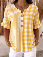 Casual Plaid And Stripe Patchwork Cotton-linen Shirt