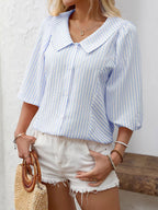 Women's Striped Puff Lapel Sleeve Shirt