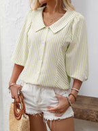 Women's Striped Puff Lapel Sleeve Shirt