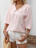 Women's Striped Puff Lapel Sleeve Shirt