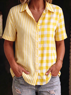Artistic Plaid And Stripe Patchwork Cotton-linen Shirt