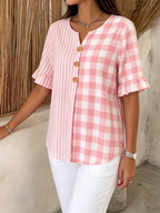 Casual Plaid And Stripe Patchwork Cotton-linen Shirt