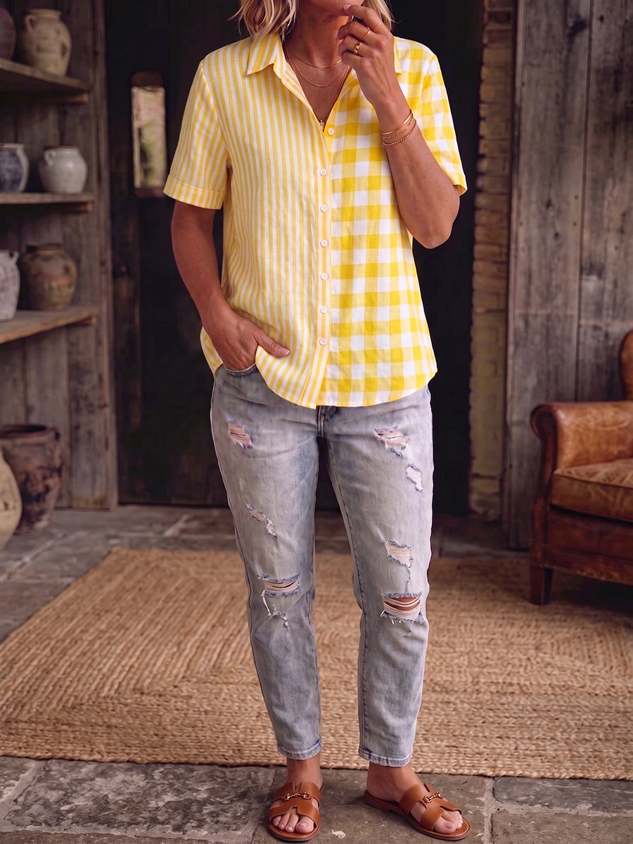 Artistic Plaid And Stripe Patchwork Cotton-linen Shirt