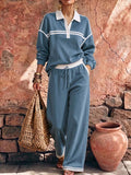 New Arrivals🔥Women's Collared Long-sleeved Casual Loose Pullover Top And High-waisted Wide-leg Pants Suit