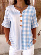 Casual Plaid And Stripe Patchwork Cotton-linen Shirt