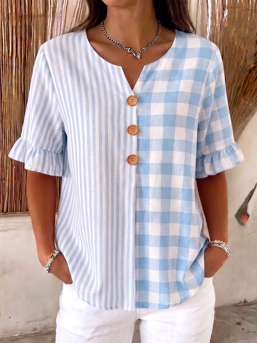 Casual Plaid And Stripe Patchwork Cotton-linen Shirt