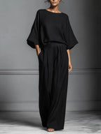 Women's Elegant Bell-sleeve Round Neck Linen Suit