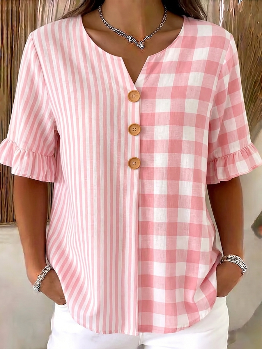 Casual Plaid And Stripe Patchwork Cotton-linen Shirt