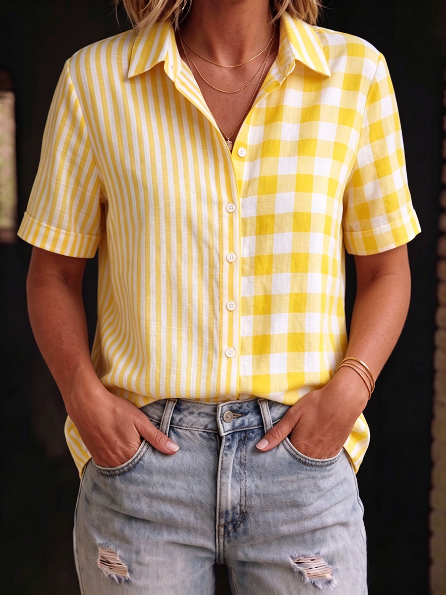 Artistic Plaid And Stripe Patchwork Cotton-linen Shirt