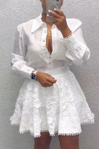 Traje de camisa de manga larga elegante y falda de encaje para mujer