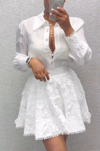 Traje de camisa de manga larga elegante y falda de encaje para mujer