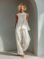 Semi-sheer Chiffon Sleeveless Top & Cotton And Linen Blend Drawstring Wide-Leg Trousers