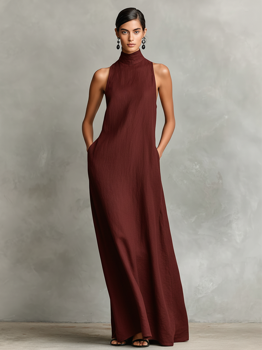 High-Neck Pocket Maxi Dress