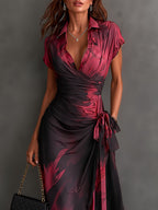 Abstract Wrap Ruffle Midi Dress