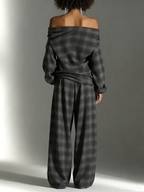 Off-Shoulder Plaid Pants Set