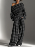 Off-Shoulder Plaid Pants Set