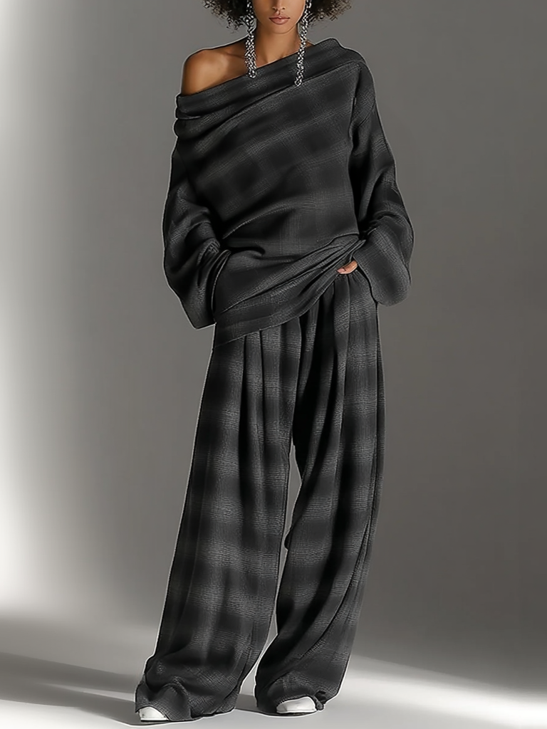 Off-Shoulder Plaid Pants Set