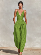 Spaghetti Straps & High-Waisted Pleated Jumpsuit